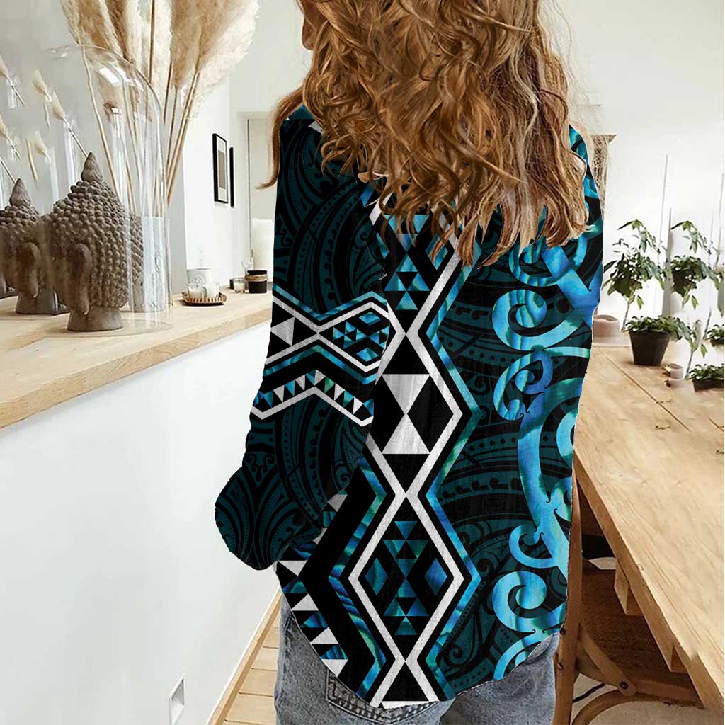 Turquoise Aotearoa Women Casual Shirt Taniko Motifs With Paua Shell Kowhaiwhai - Vibe Hoodie Shop