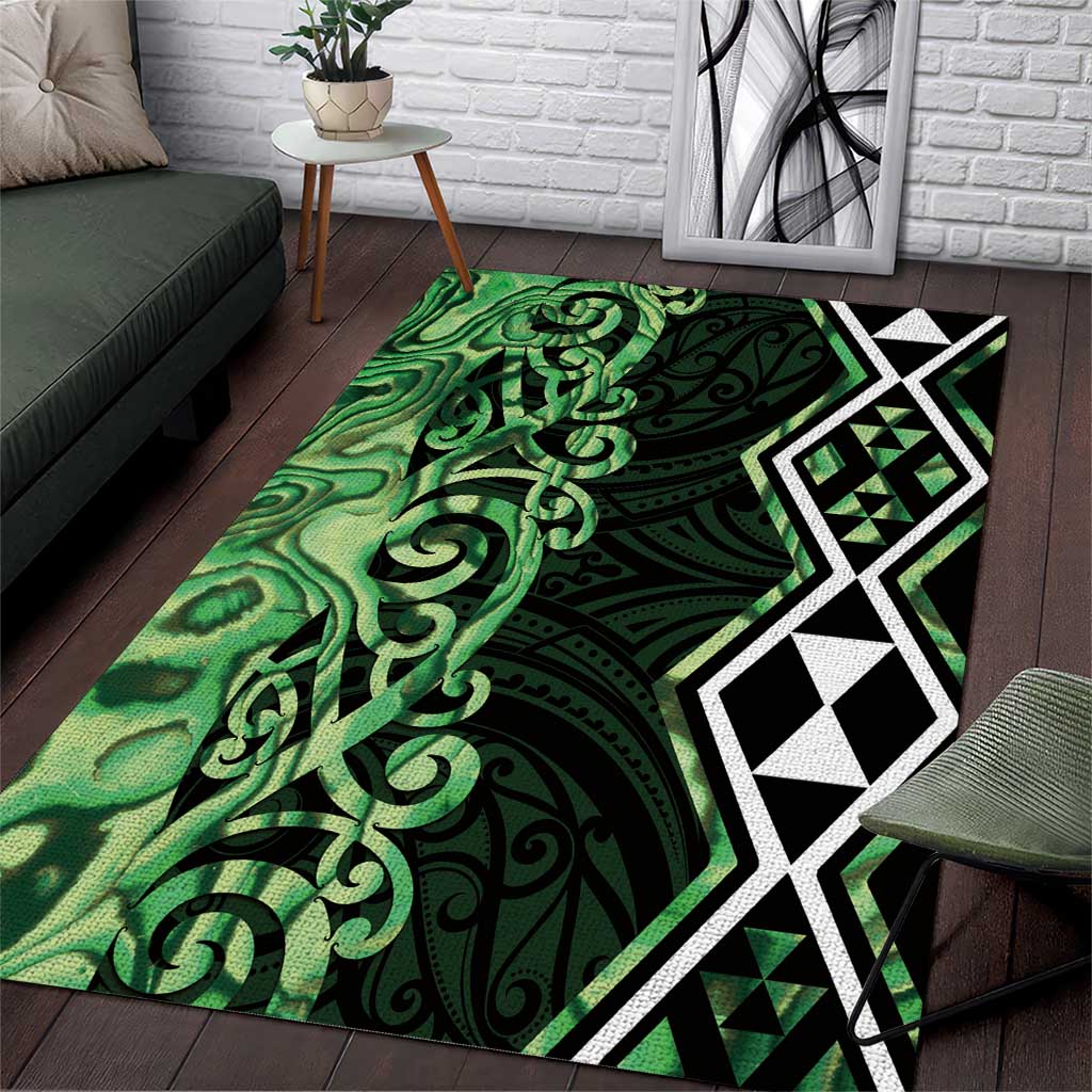 Green Aotearoa Area Rug Taniko Motifs With Paua Shell Kowhaiwhai - Vibe Hoodie Shop