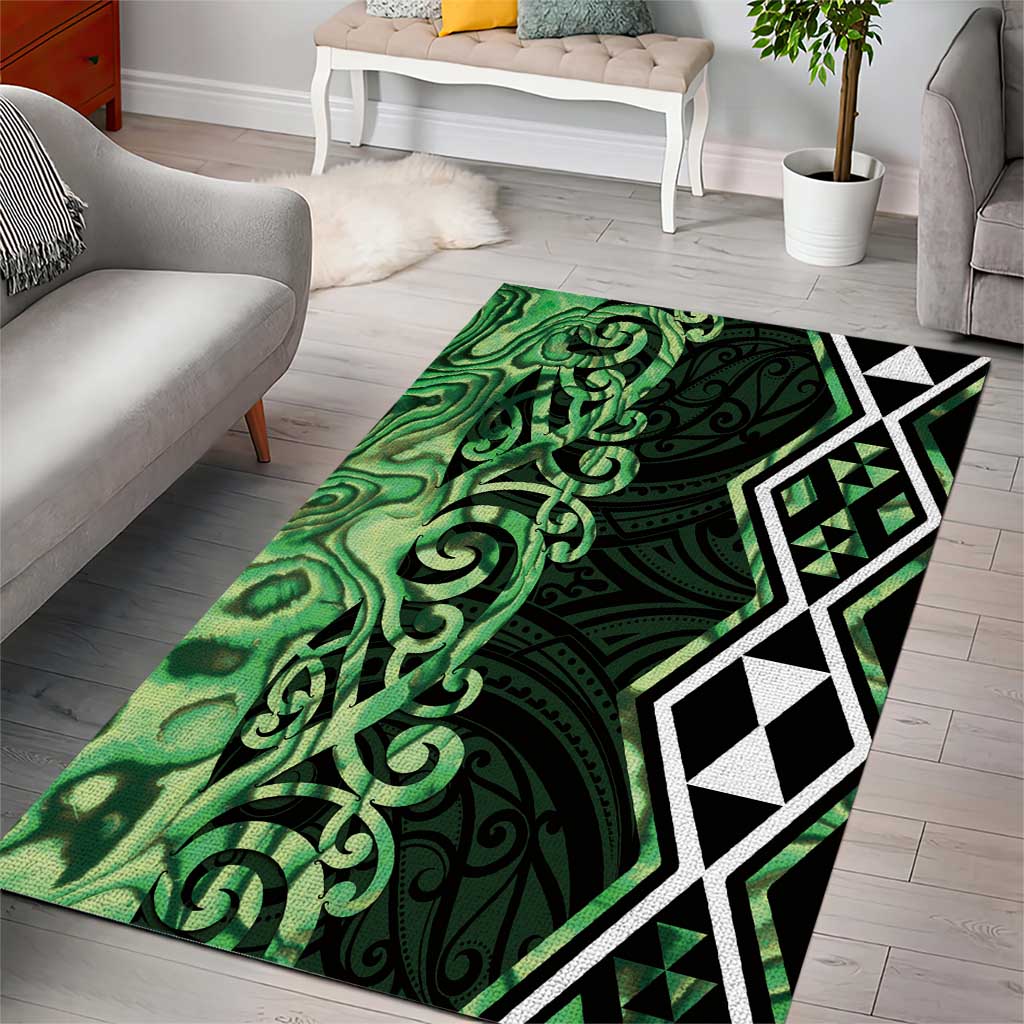 Green Aotearoa Area Rug Taniko Motifs With Paua Shell Kowhaiwhai - Vibe Hoodie Shop