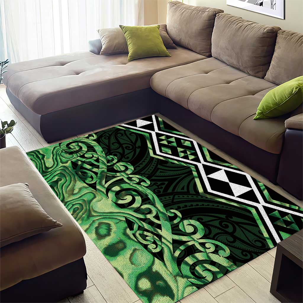 Green Aotearoa Area Rug Taniko Motifs With Paua Shell Kowhaiwhai - Vibe Hoodie Shop