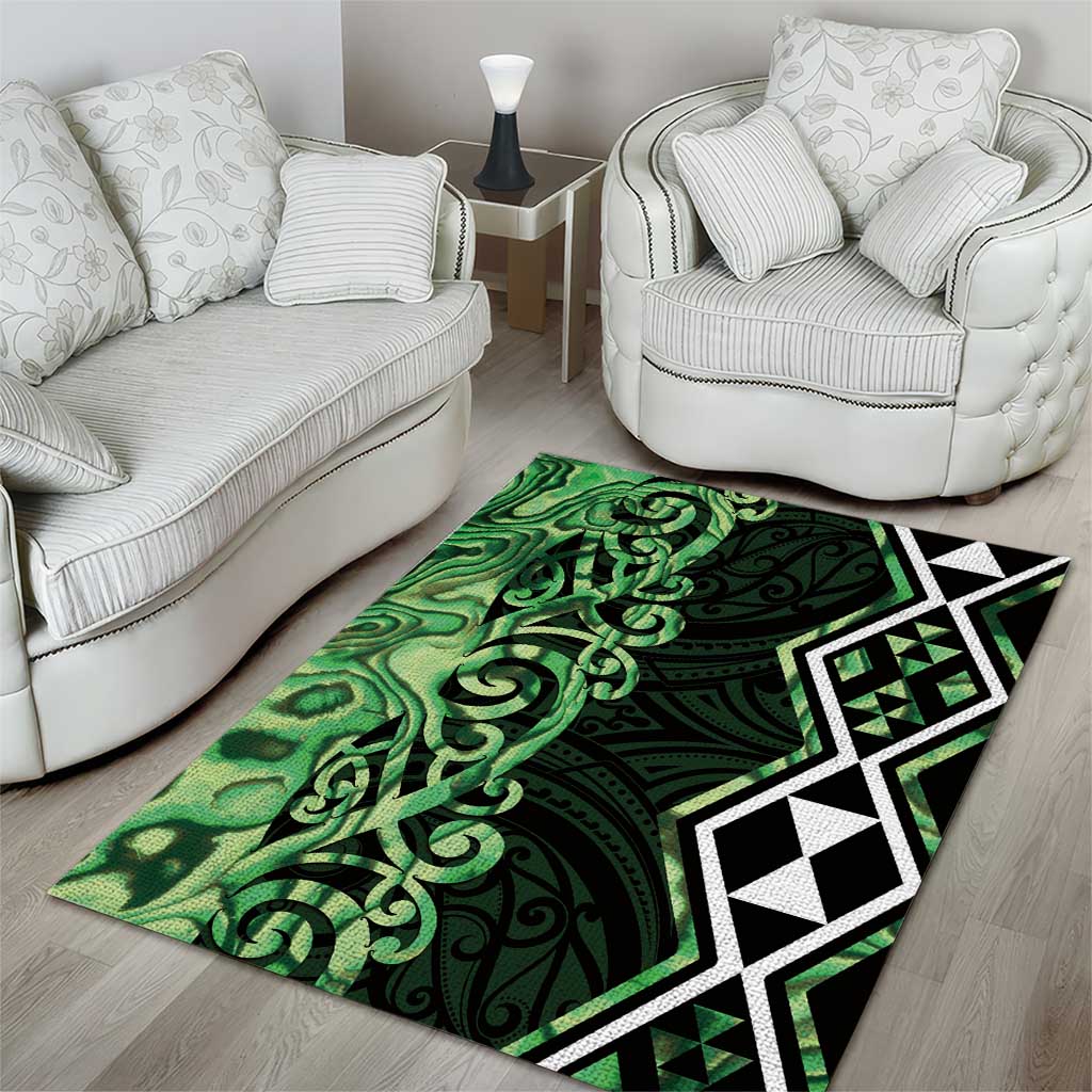 Green Aotearoa Area Rug Taniko Motifs With Paua Shell Kowhaiwhai - Vibe Hoodie Shop