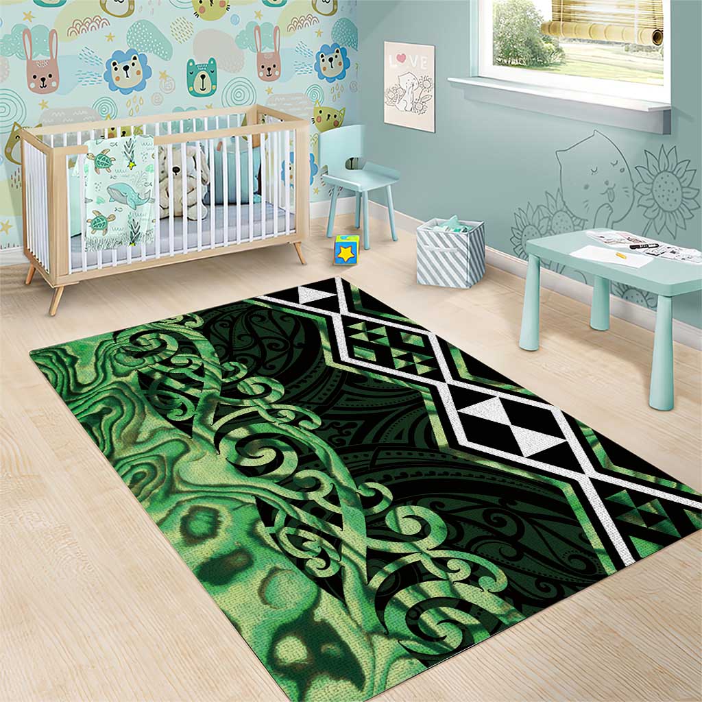 Green Aotearoa Area Rug Taniko Motifs With Paua Shell Kowhaiwhai - Vibe Hoodie Shop