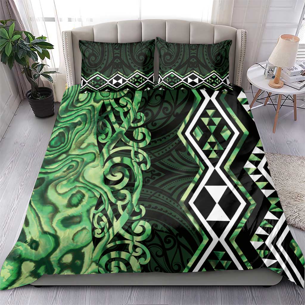 Green Aotearoa Bedding Set Taniko Motifs With Paua Shell Kowhaiwhai - Vibe Hoodie Shop