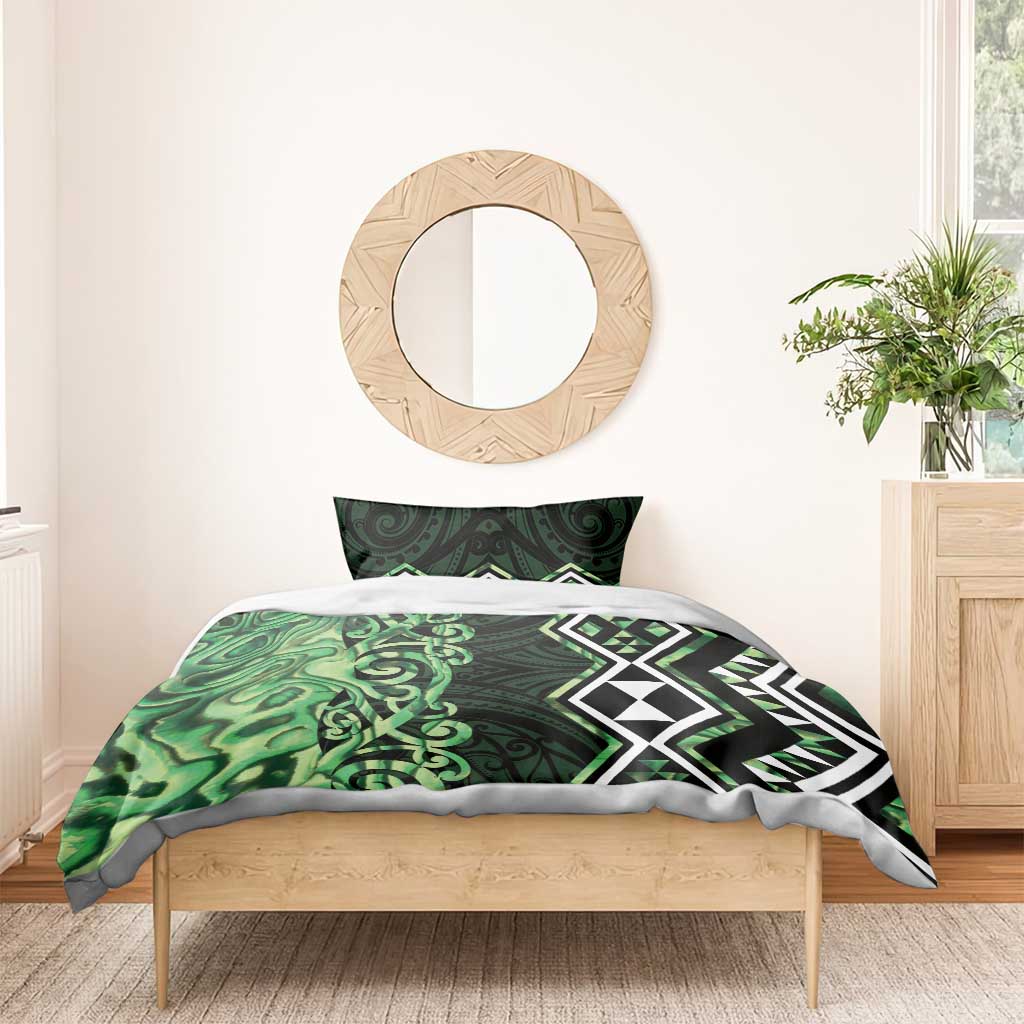Green Aotearoa Bedding Set Taniko Motifs With Paua Shell Kowhaiwhai - Vibe Hoodie Shop