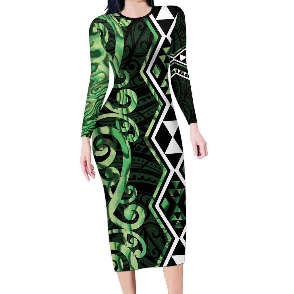 Green Aotearoa Family Matching Long Sleeve Bodycon Dress and Hawaiian Shirt Taniko Motifs With Paua Shell Kowhaiwhai