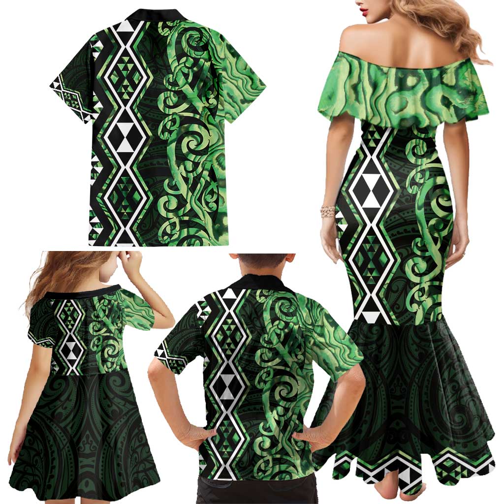 Green Aotearoa Family Matching Mermaid Dress and Hawaiian Shirt Taniko Motifs With Paua Shell Kowhaiwhai