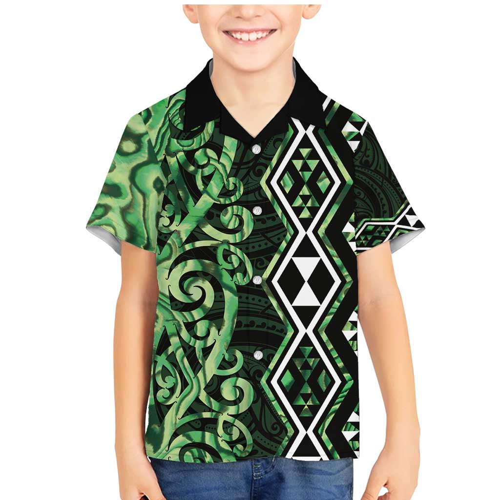 Green Aotearoa Family Matching Mermaid Dress and Hawaiian Shirt Taniko Motifs With Paua Shell Kowhaiwhai