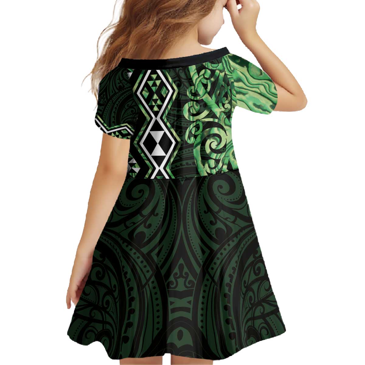 Green Aotearoa Family Matching Off The Shoulder Long Sleeve Dress and Hawaiian Shirt Taniko Motifs With Paua Shell Kowhaiwhai