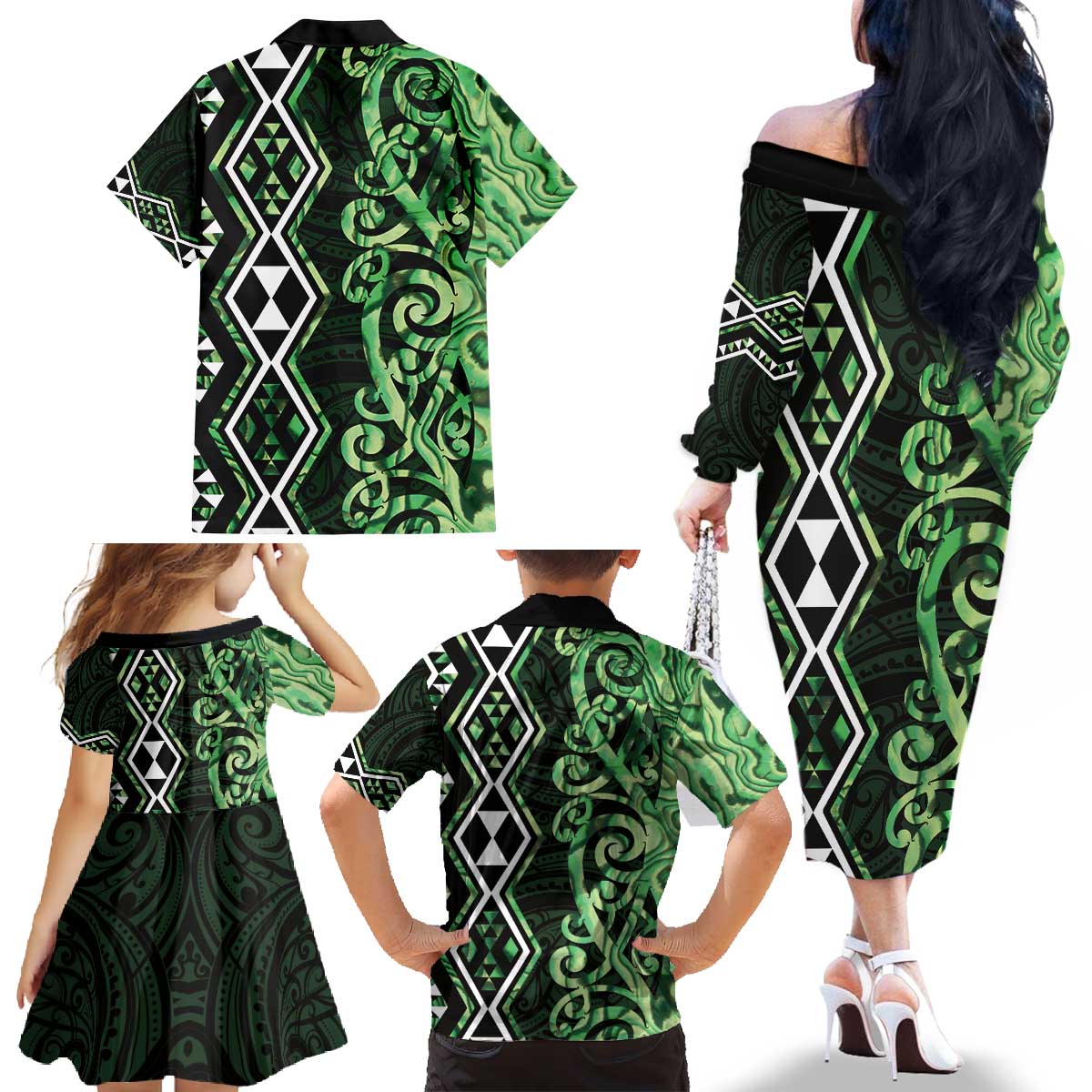 Green Aotearoa Family Matching Off The Shoulder Long Sleeve Dress and Hawaiian Shirt Taniko Motifs With Paua Shell Kowhaiwhai