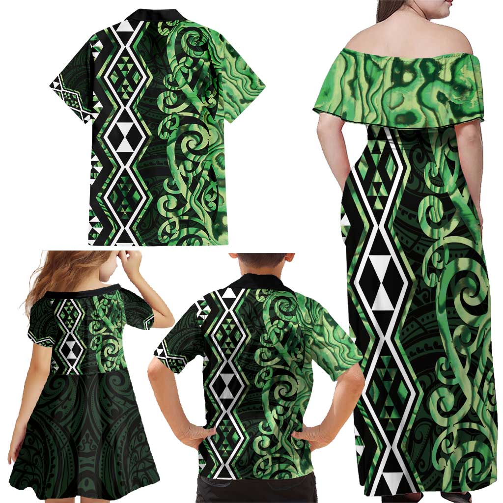 Green Aotearoa Family Matching Off Shoulder Maxi Dress and Hawaiian Shirt Taniko Motifs With Paua Shell Kowhaiwhai