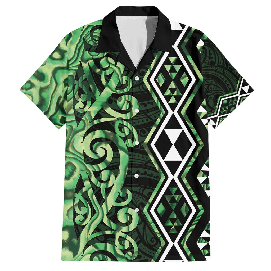 Green Aotearoa Family Matching Off Shoulder Maxi Dress and Hawaiian Shirt Taniko Motifs With Paua Shell Kowhaiwhai