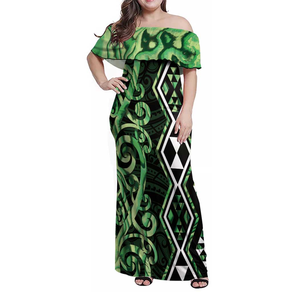 Green Aotearoa Family Matching Off Shoulder Maxi Dress and Hawaiian Shirt Taniko Motifs With Paua Shell Kowhaiwhai