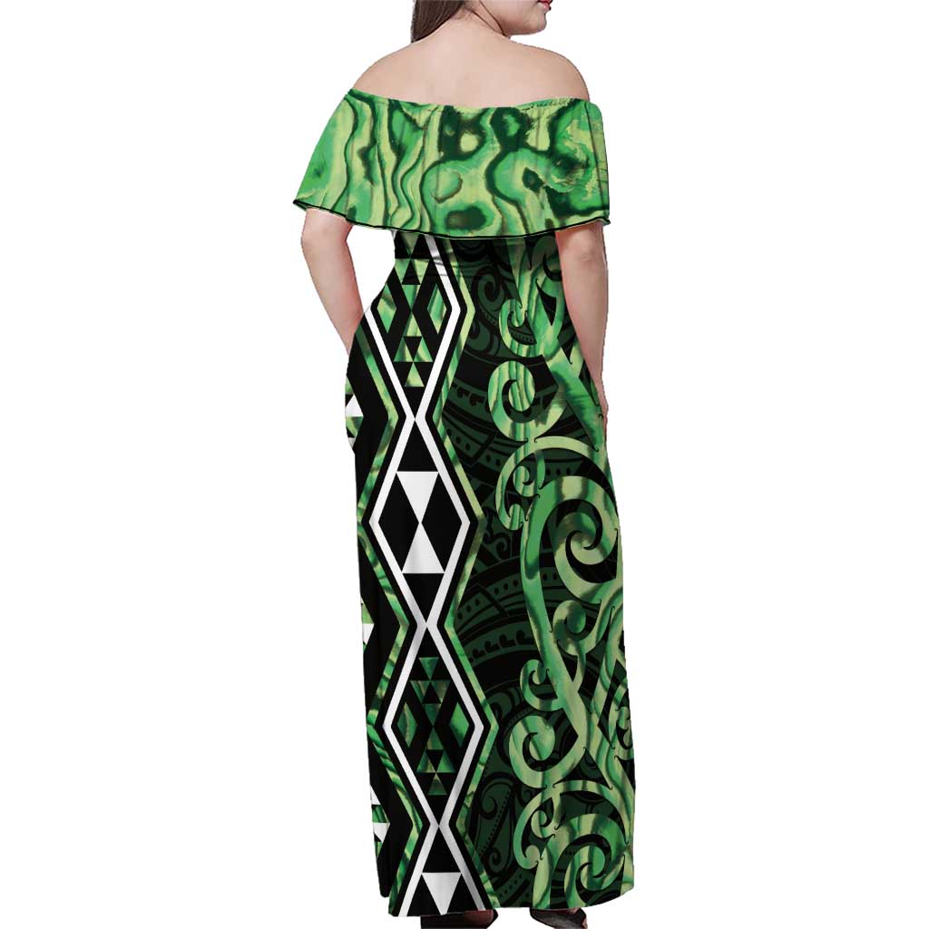 Green Aotearoa Family Matching Off Shoulder Maxi Dress and Hawaiian Shirt Taniko Motifs With Paua Shell Kowhaiwhai