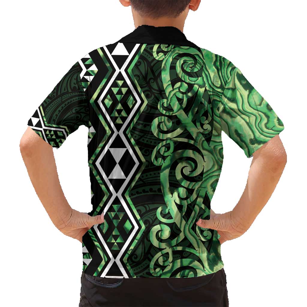 Green Aotearoa Family Matching Off Shoulder Short Dress and Hawaiian Shirt Taniko Motifs With Paua Shell Kowhaiwhai