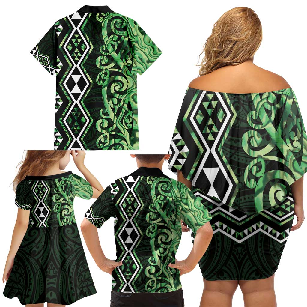 Green Aotearoa Family Matching Off Shoulder Short Dress and Hawaiian Shirt Taniko Motifs With Paua Shell Kowhaiwhai