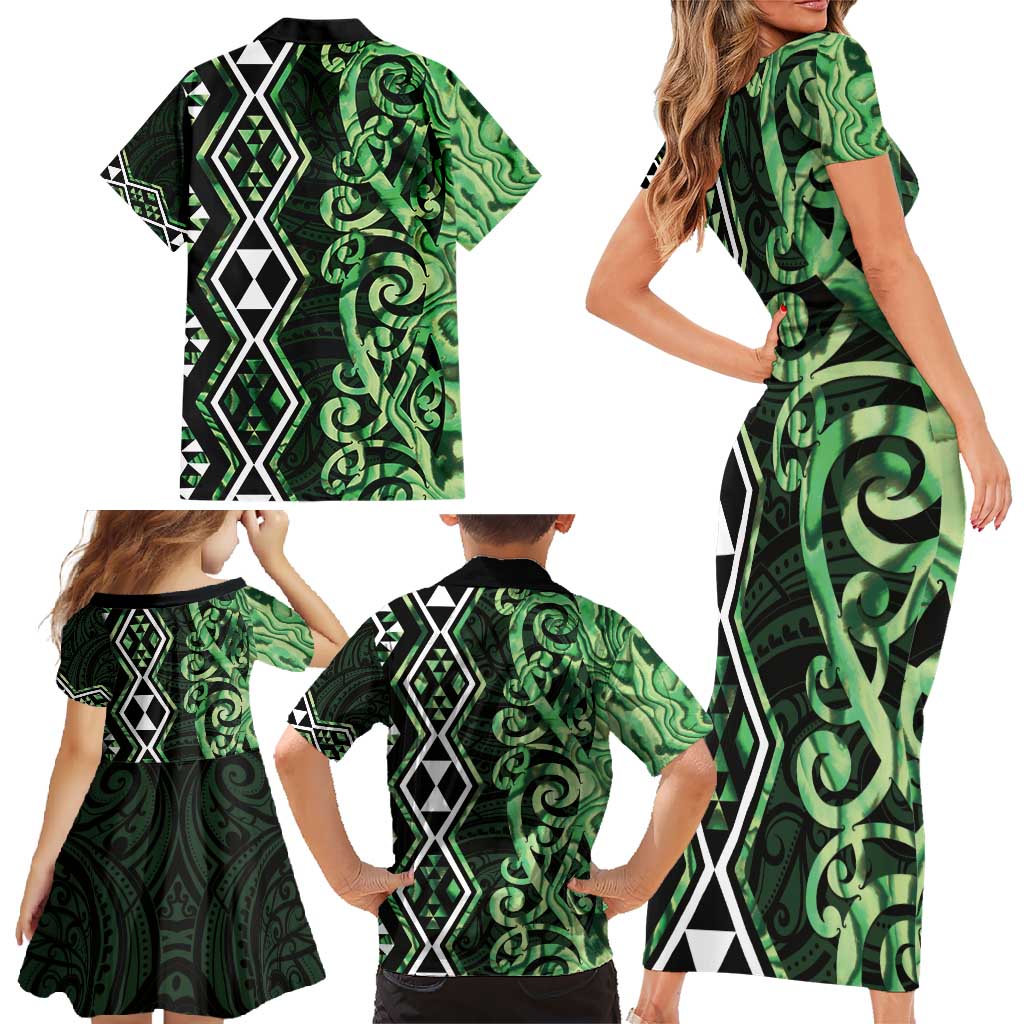 Green Aotearoa Family Matching Short Sleeve Bodycon Dress and Hawaiian Shirt Taniko Motifs With Paua Shell Kowhaiwhai