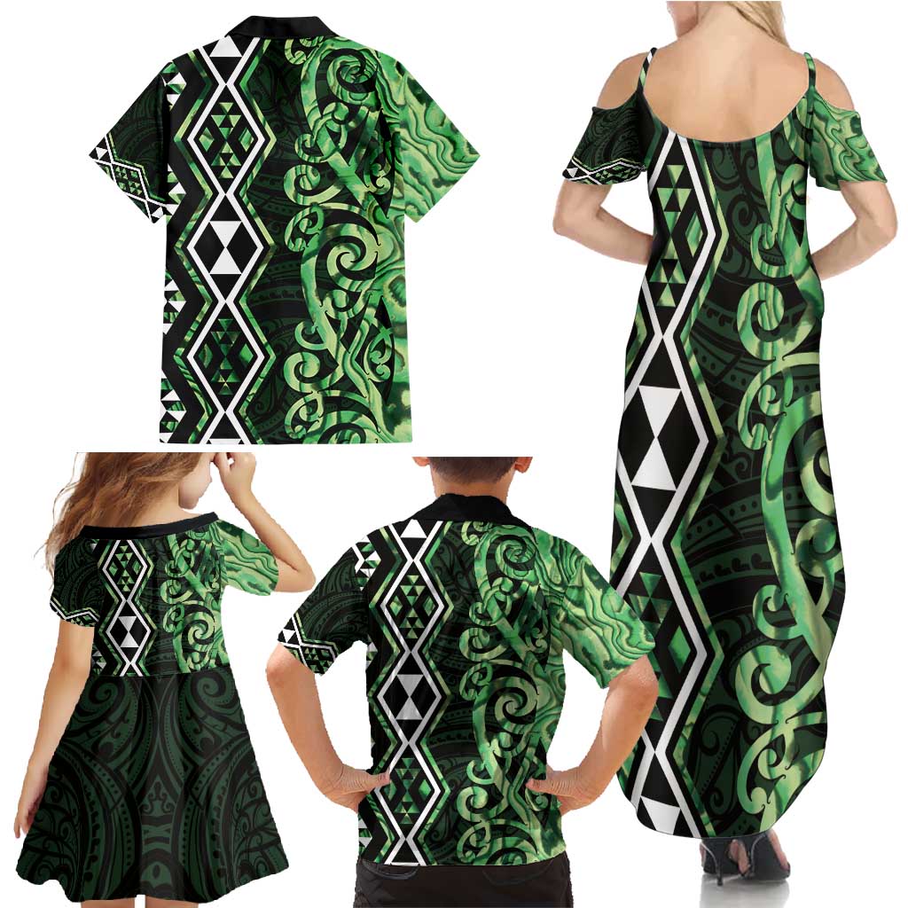 Green Aotearoa Family Matching Summer Maxi Dress and Hawaiian Shirt Taniko Motifs With Paua Shell Kowhaiwhai