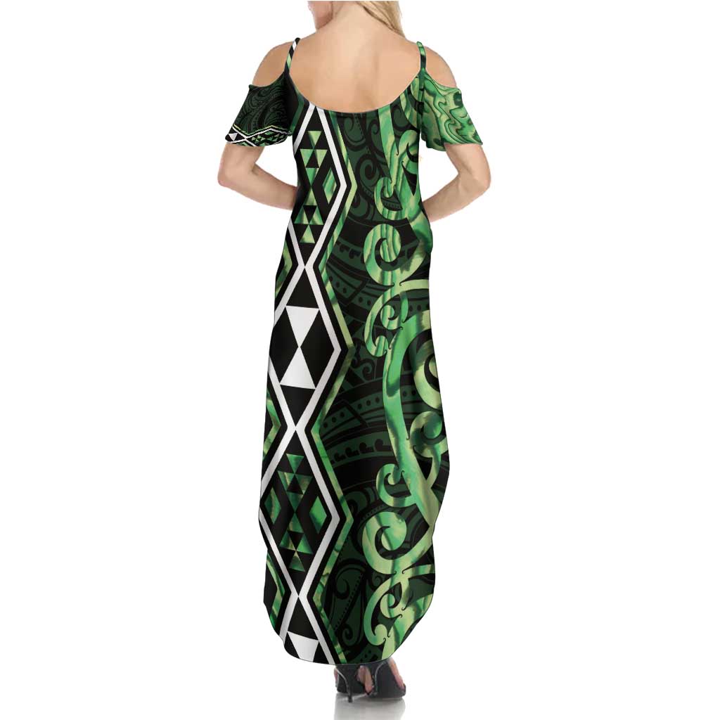 Green Aotearoa Family Matching Summer Maxi Dress and Hawaiian Shirt Taniko Motifs With Paua Shell Kowhaiwhai