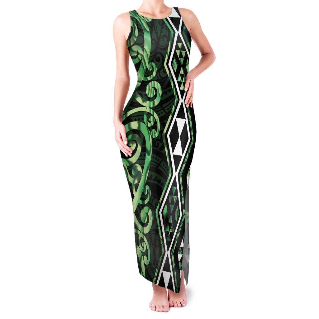 Green Aotearoa Family Matching Tank Maxi Dress and Hawaiian Shirt Taniko Motifs With Paua Shell Kowhaiwhai