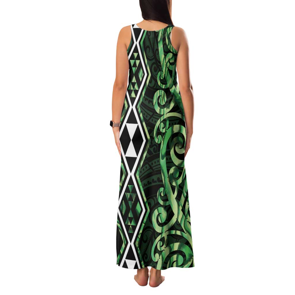 Green Aotearoa Family Matching Tank Maxi Dress and Hawaiian Shirt Taniko Motifs With Paua Shell Kowhaiwhai