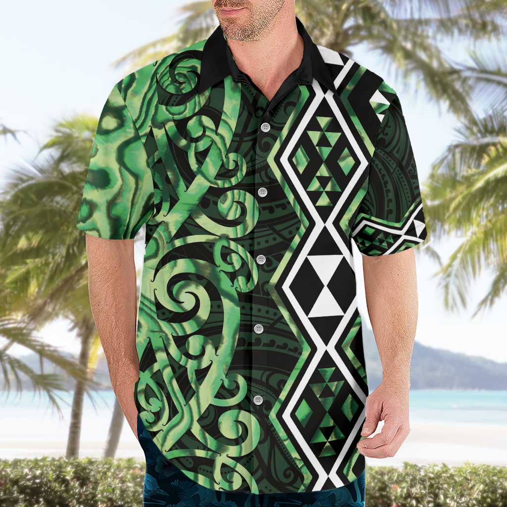 Green Aotearoa Hawaiian Shirt Taniko Motifs With Paua Shell Kowhaiwhai - Vibe Hoodie Shop