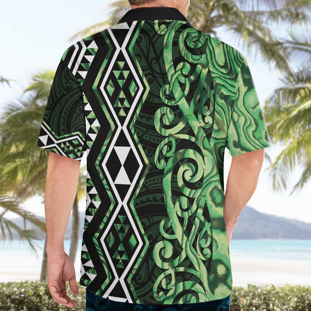 Green Aotearoa Hawaiian Shirt Taniko Motifs With Paua Shell Kowhaiwhai - Vibe Hoodie Shop