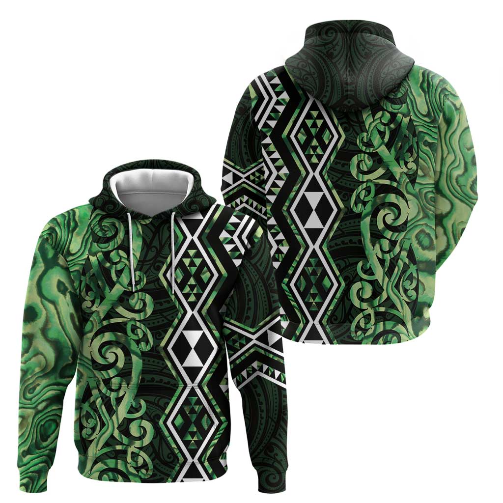 Green Aotearoa Hoodie Taniko Motifs With Paua Shell Kowhaiwhai - Vibe Hoodie Shop