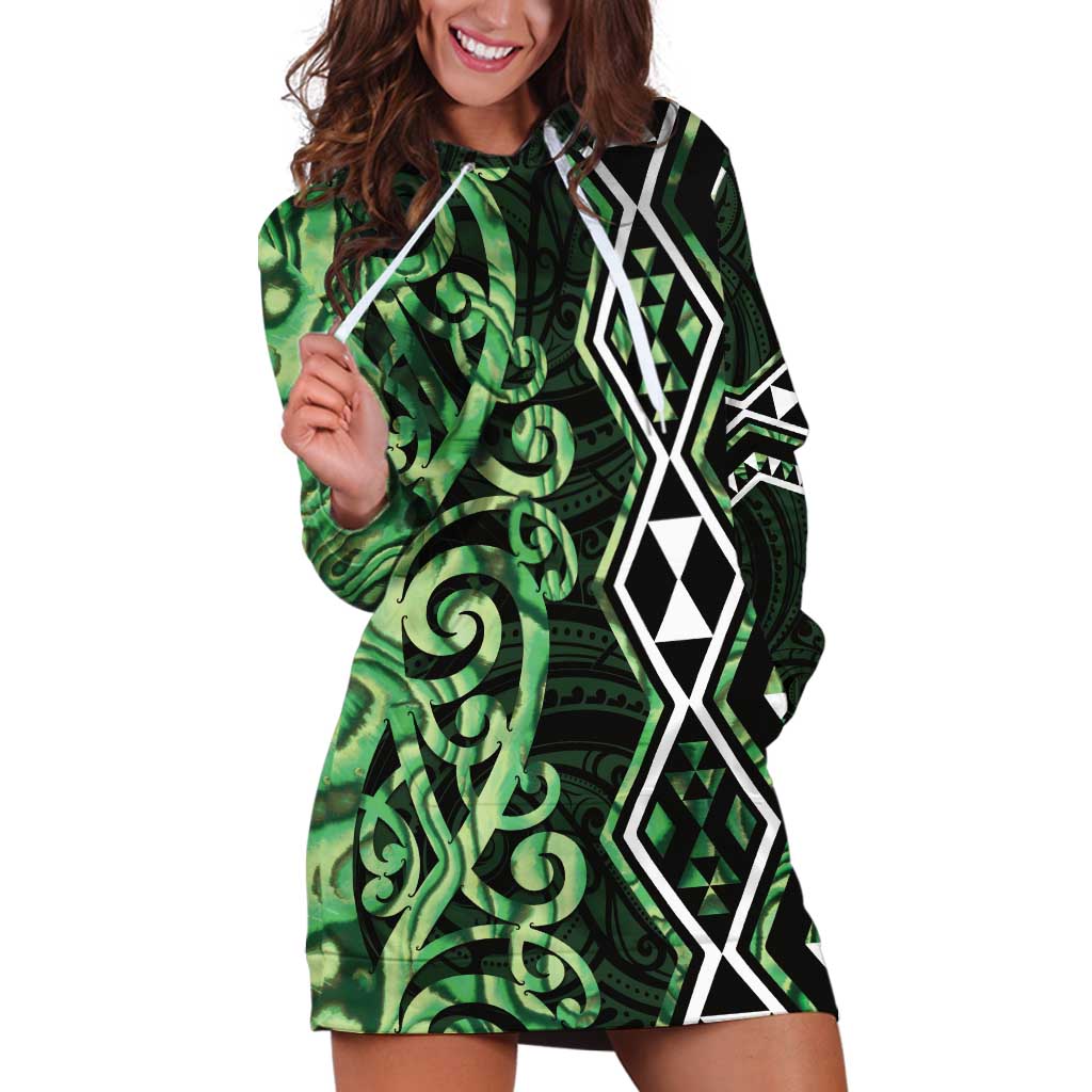 Green Aotearoa Hoodie Dress Taniko Motifs With Paua Shell Kowhaiwhai - Vibe Hoodie Shop