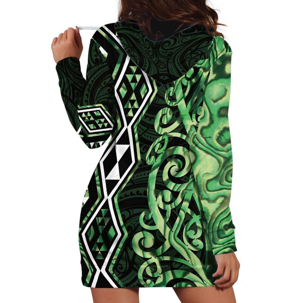 Green Aotearoa Hoodie Dress Taniko Motifs With Paua Shell Kowhaiwhai - Vibe Hoodie Shop