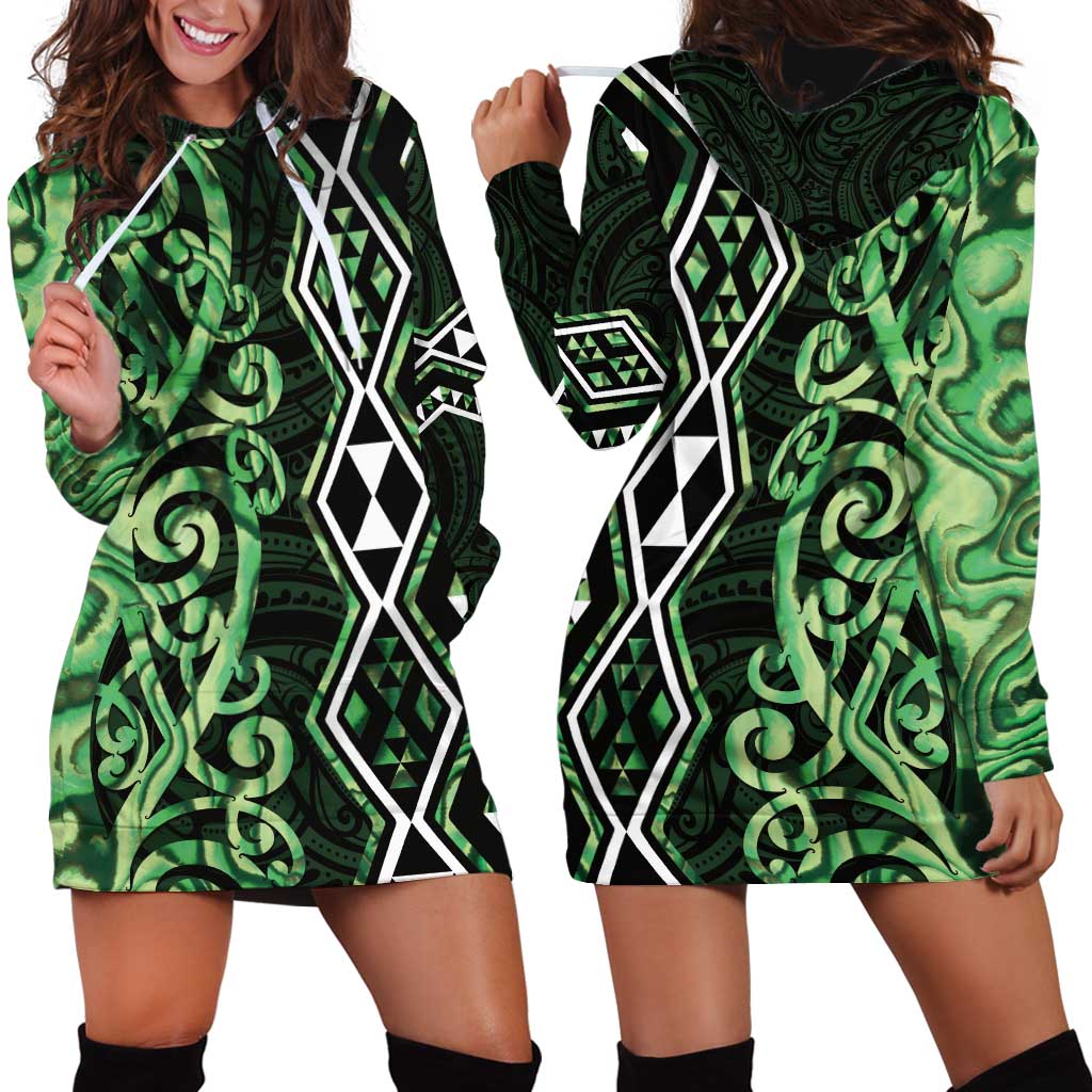 Green Aotearoa Hoodie Dress Taniko Motifs With Paua Shell Kowhaiwhai - Vibe Hoodie Shop