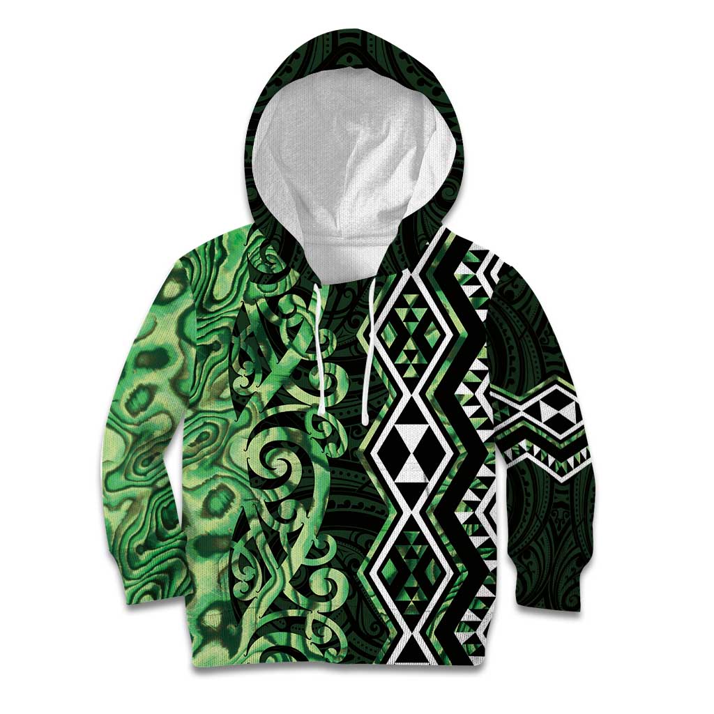 Green Aotearoa Kid Hoodie Taniko Motifs With Paua Shell Kowhaiwhai - Vibe Hoodie Shop