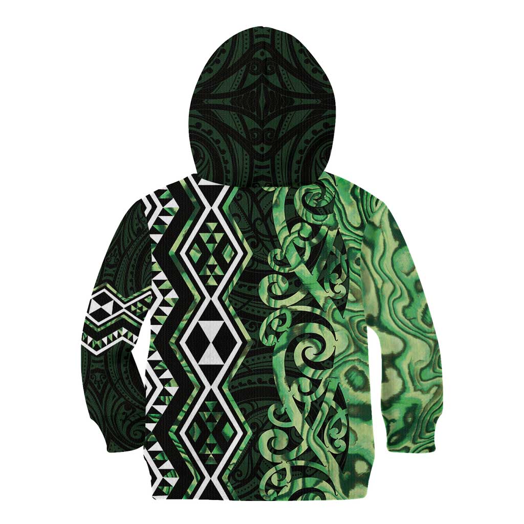 Green Aotearoa Kid Hoodie Taniko Motifs With Paua Shell Kowhaiwhai - Vibe Hoodie Shop