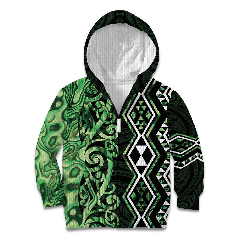 Green Aotearoa Kid Hoodie Taniko Motifs With Paua Shell Kowhaiwhai - Vibe Hoodie Shop