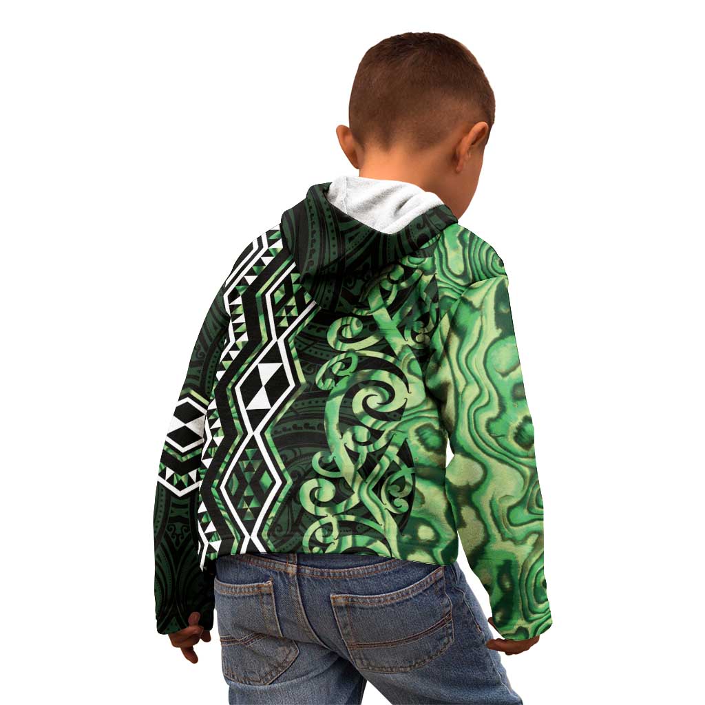 Green Aotearoa Kid Hoodie Taniko Motifs With Paua Shell Kowhaiwhai - Vibe Hoodie Shop