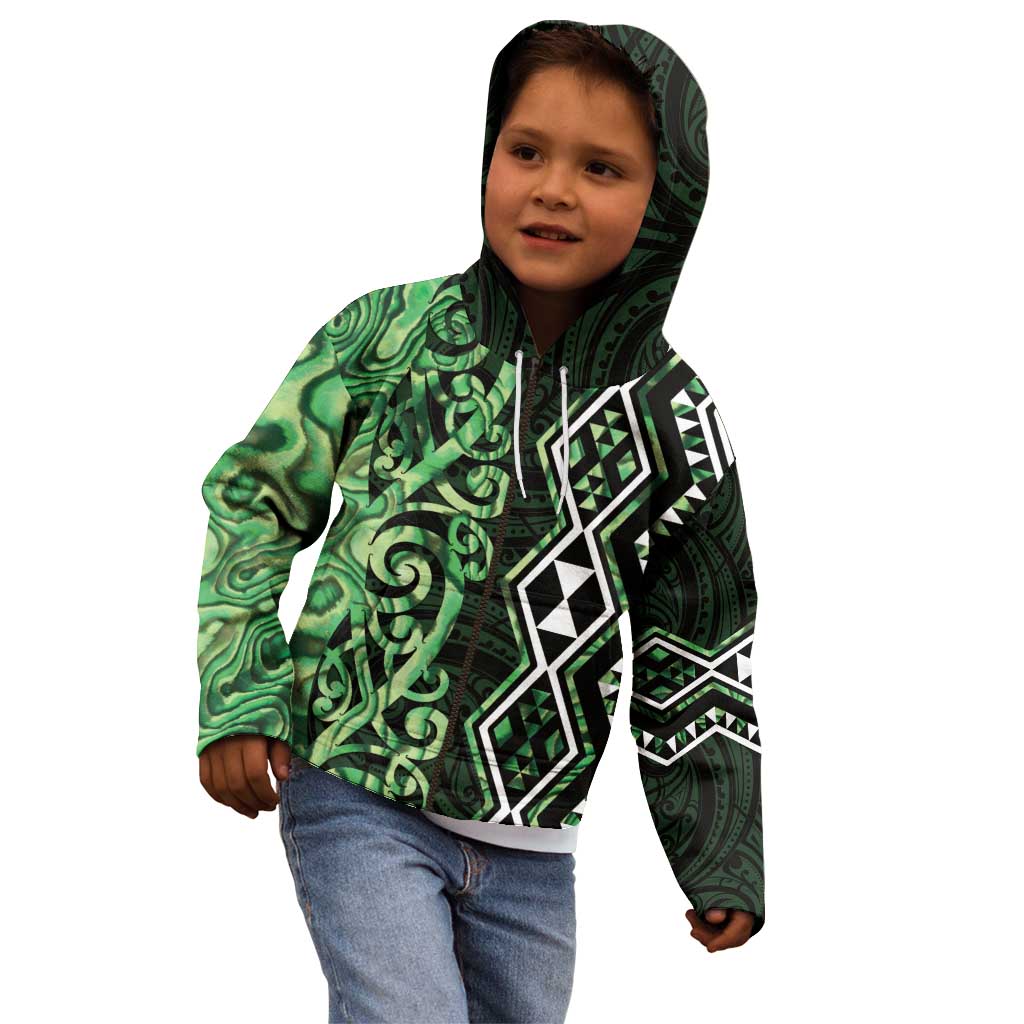 Green Aotearoa Kid Hoodie Taniko Motifs With Paua Shell Kowhaiwhai - Vibe Hoodie Shop