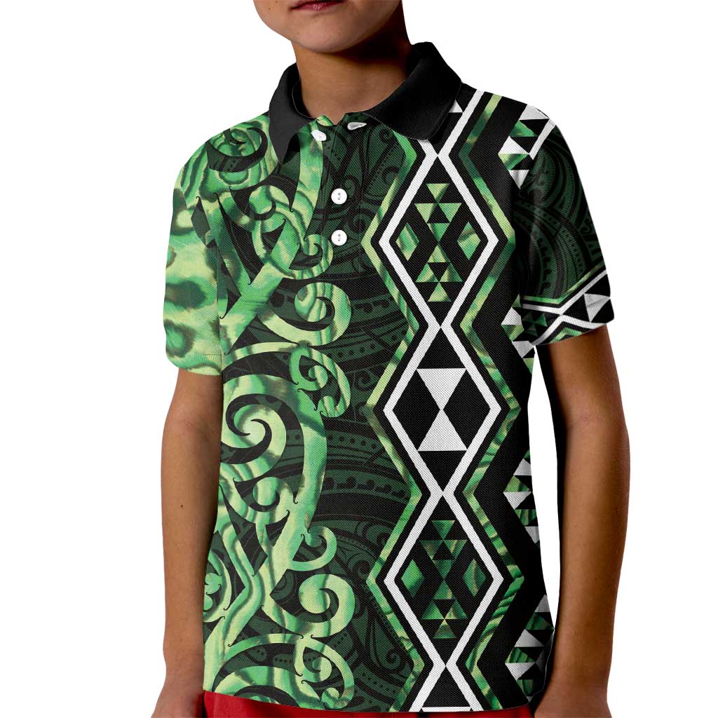 Green Aotearoa Kid Polo Shirt Taniko Motifs With Paua Shell Kowhaiwhai - Vibe Hoodie Shop