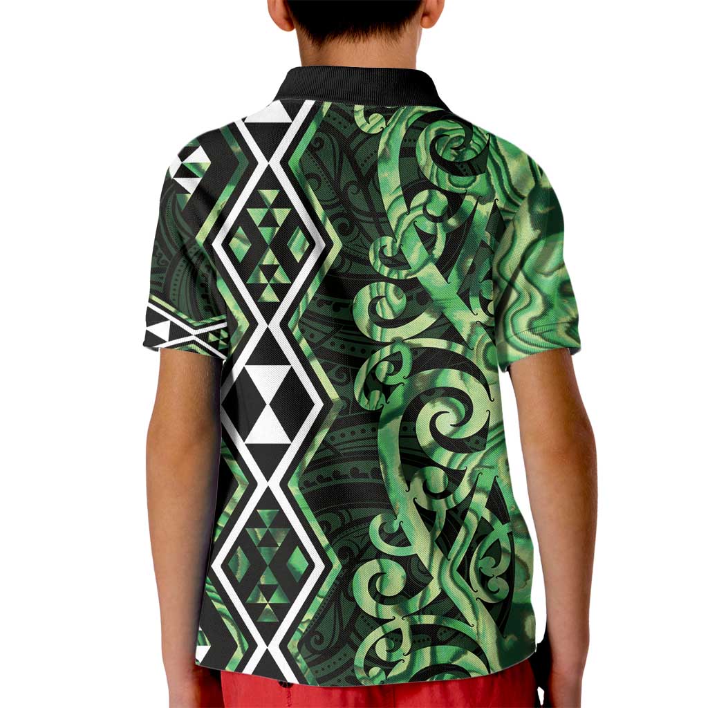 Green Aotearoa Kid Polo Shirt Taniko Motifs With Paua Shell Kowhaiwhai - Vibe Hoodie Shop