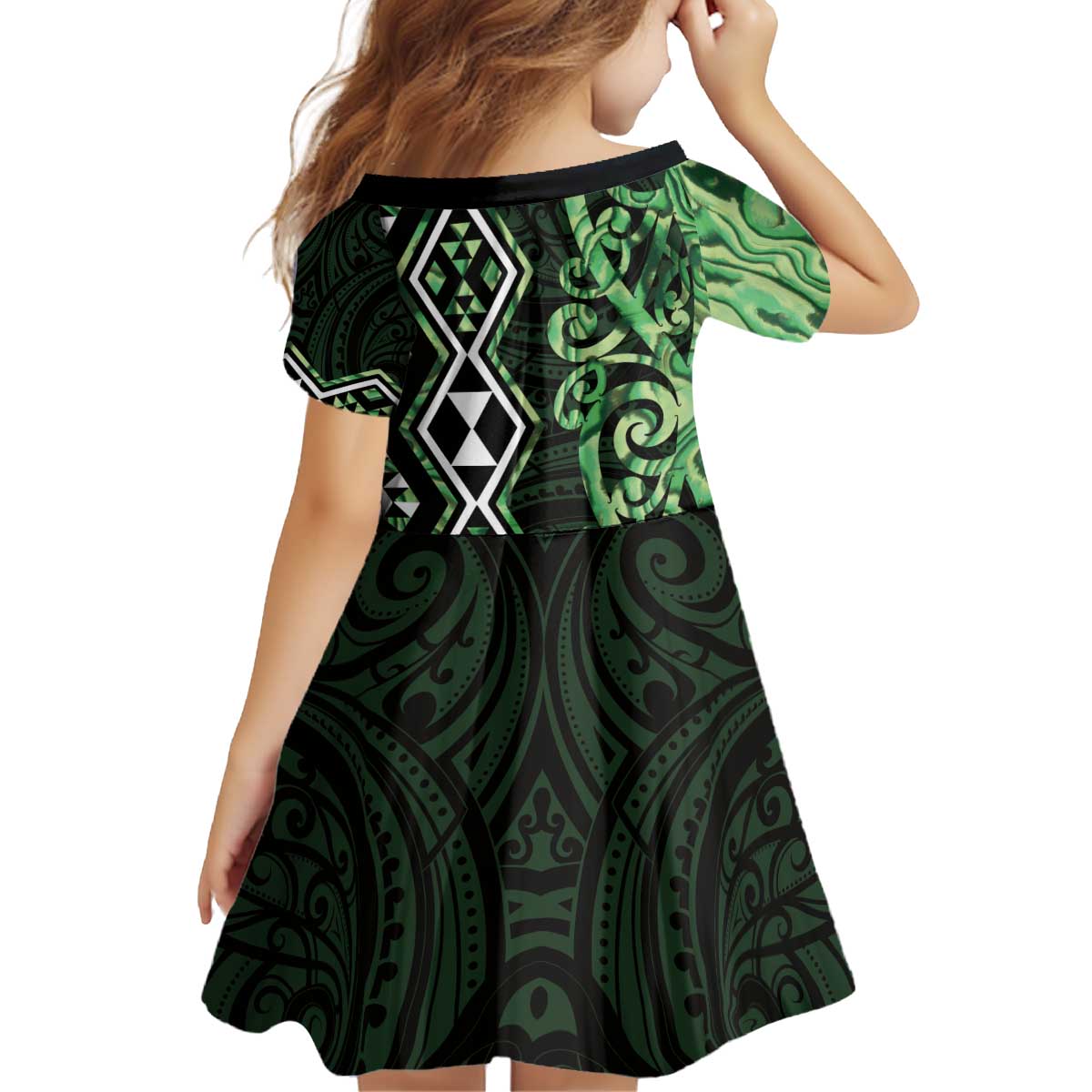 Green Aotearoa Kid Short Sleeve Dress Taniko Motifs With Paua Shell Kowhaiwhai - Vibe Hoodie Shop