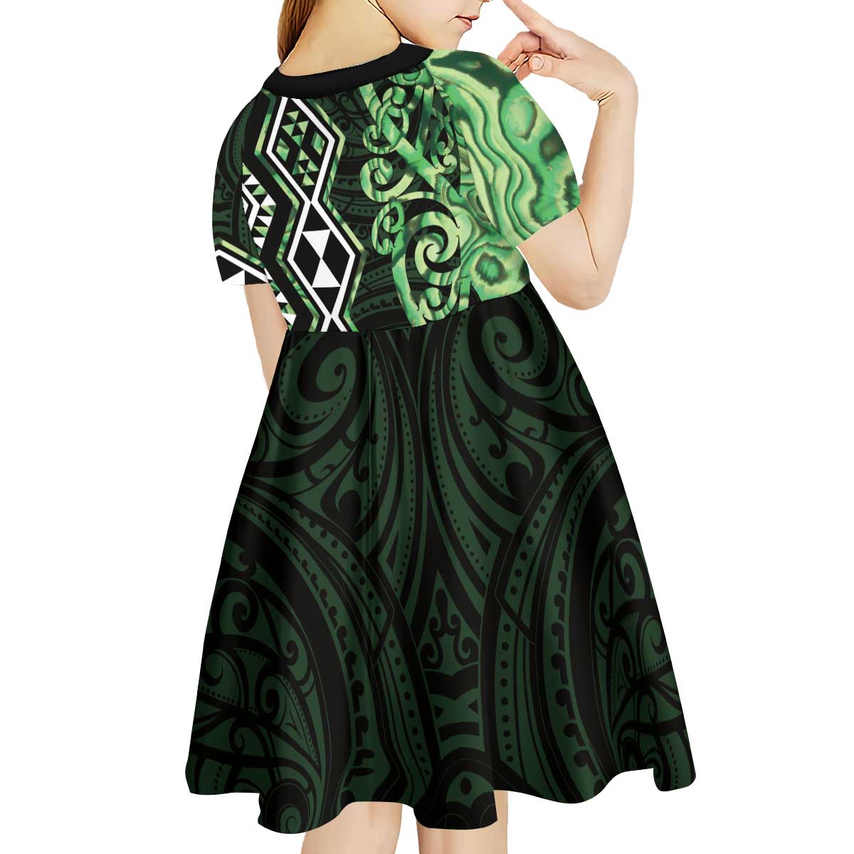 Green Aotearoa Kid Short Sleeve Dress Taniko Motifs With Paua Shell Kowhaiwhai - Vibe Hoodie Shop