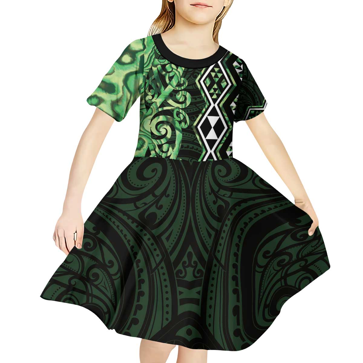 Green Aotearoa Kid Short Sleeve Dress Taniko Motifs With Paua Shell Kowhaiwhai - Vibe Hoodie Shop