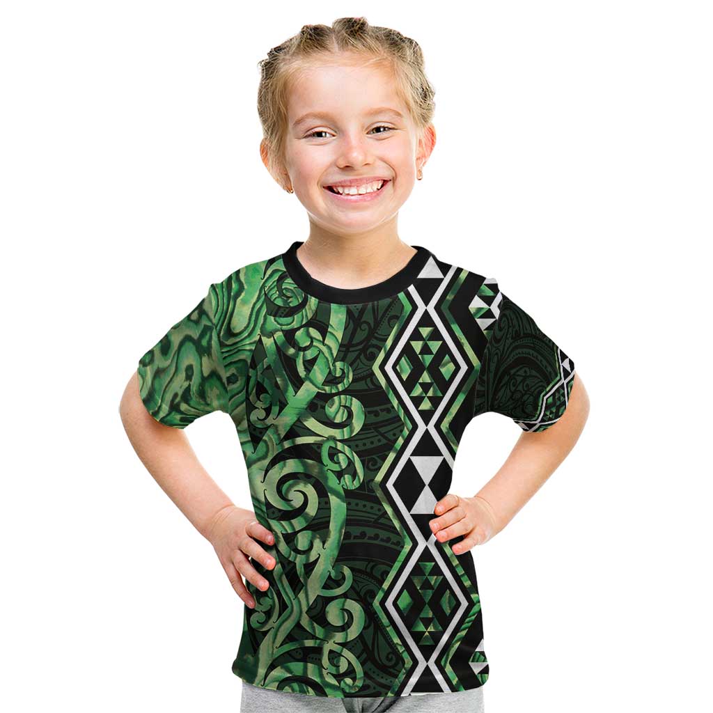 Green Aotearoa Kid T Shirt Taniko Motifs With Paua Shell Kowhaiwhai - Vibe Hoodie Shop