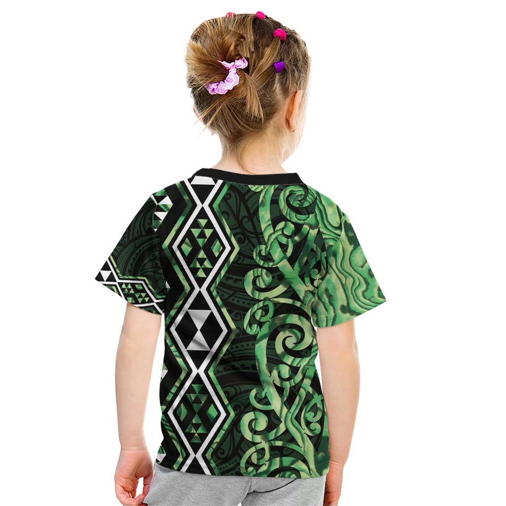 Green Aotearoa Kid T Shirt Taniko Motifs With Paua Shell Kowhaiwhai - Vibe Hoodie Shop