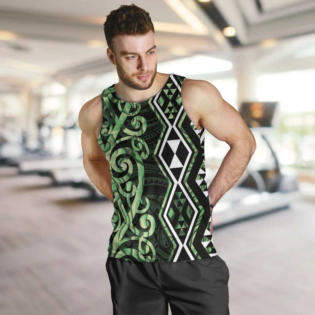 Green Aotearoa Men Tank Top Taniko Motifs With Paua Shell Kowhaiwhai - Vibe Hoodie Shop