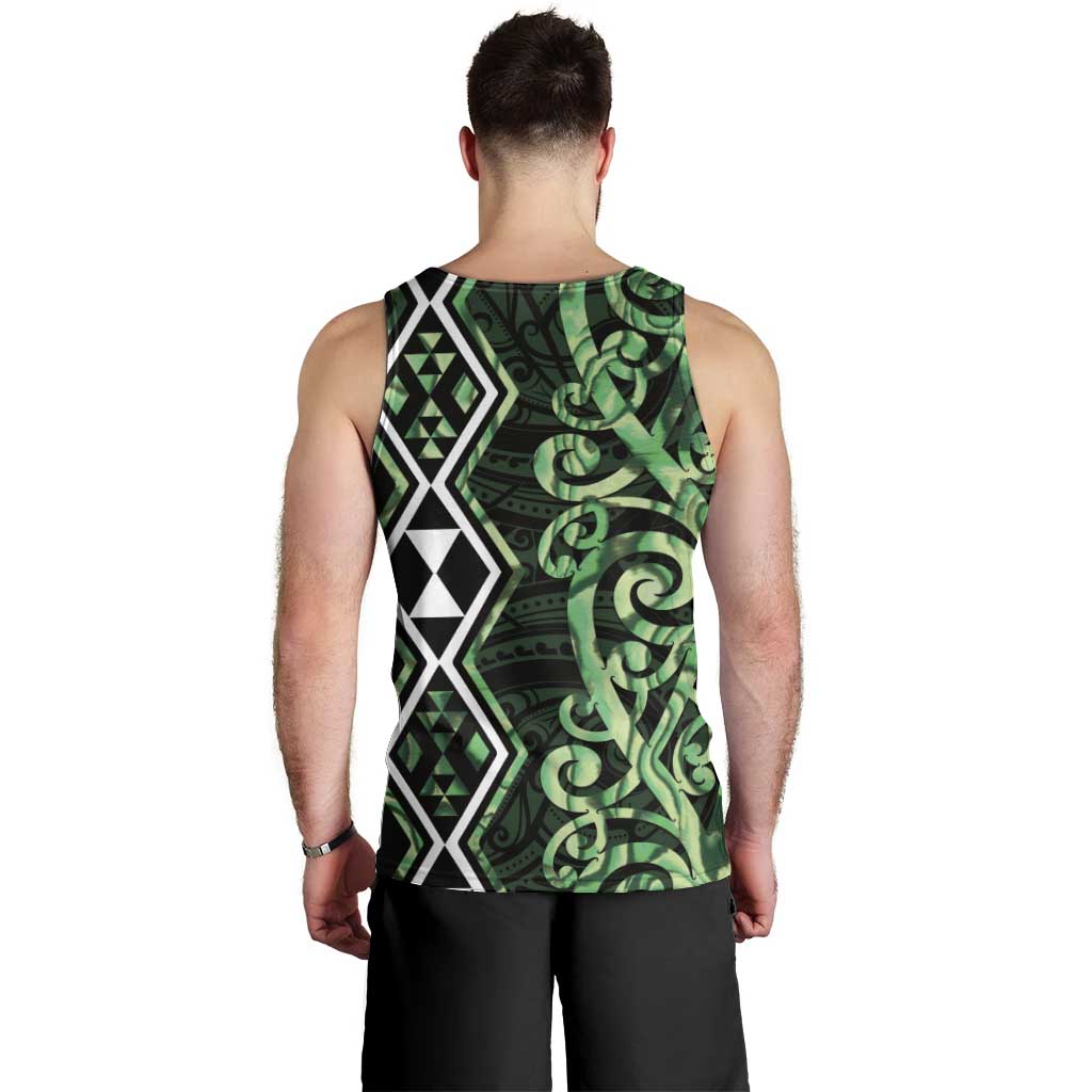 Green Aotearoa Men Tank Top Taniko Motifs With Paua Shell Kowhaiwhai - Vibe Hoodie Shop