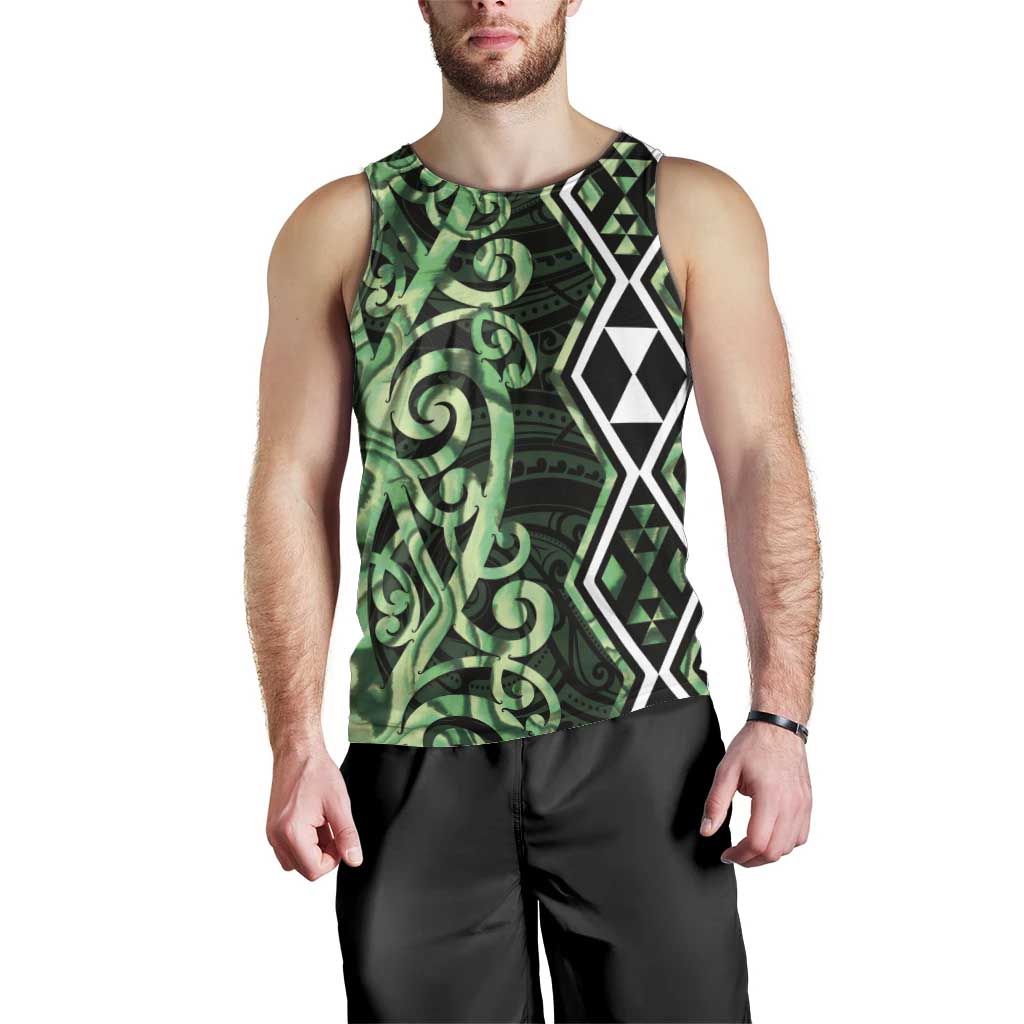 Green Aotearoa Men Tank Top Taniko Motifs With Paua Shell Kowhaiwhai - Vibe Hoodie Shop