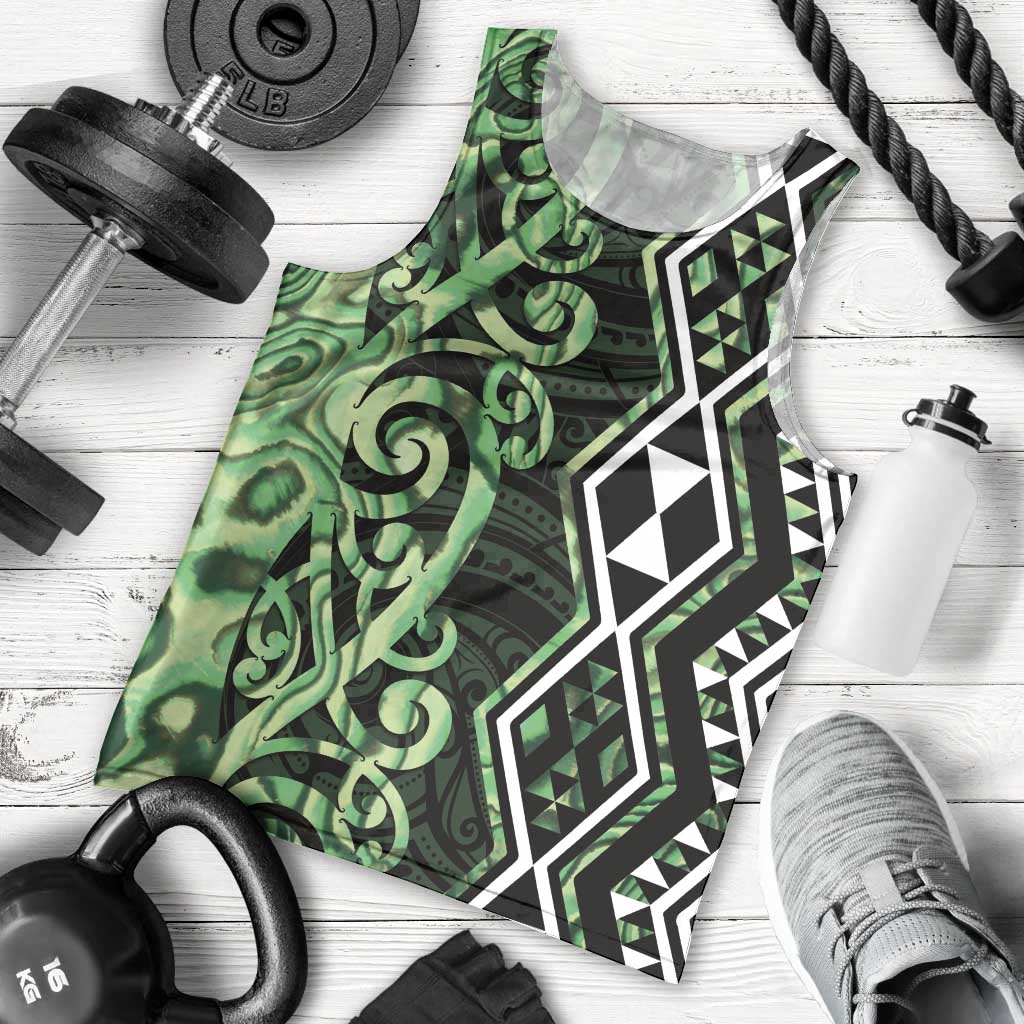 Green Aotearoa Men Tank Top Taniko Motifs With Paua Shell Kowhaiwhai - Vibe Hoodie Shop