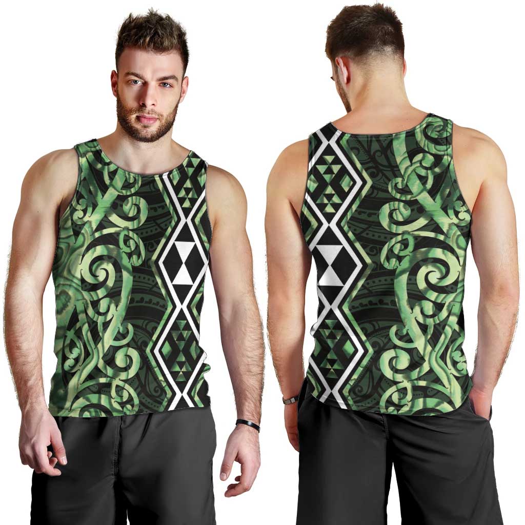 Green Aotearoa Men Tank Top Taniko Motifs With Paua Shell Kowhaiwhai - Vibe Hoodie Shop