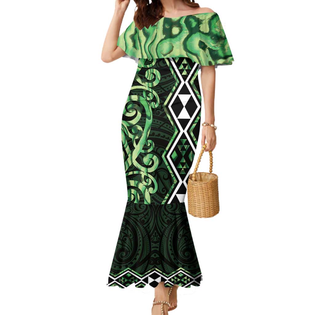 Green Aotearoa Mermaid Dress Taniko Motifs With Paua Shell Kowhaiwhai