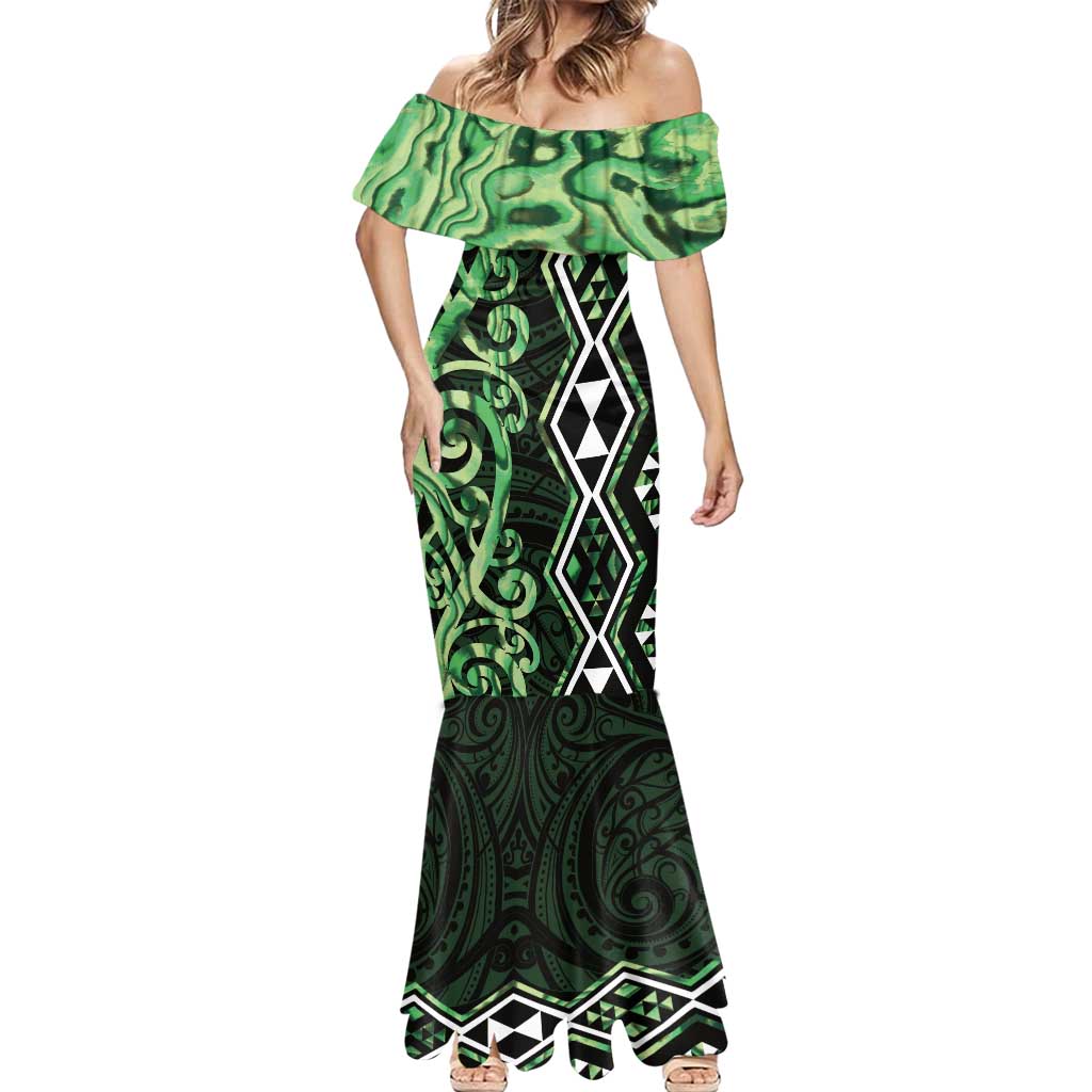 Green Aotearoa Mermaid Dress Taniko Motifs With Paua Shell Kowhaiwhai