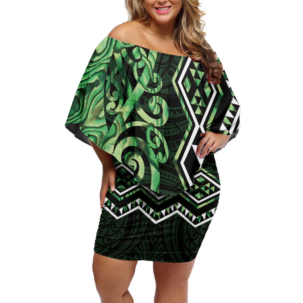 Green Aotearoa Off Shoulder Short Dress Taniko Motifs With Paua Shell Kowhaiwhai